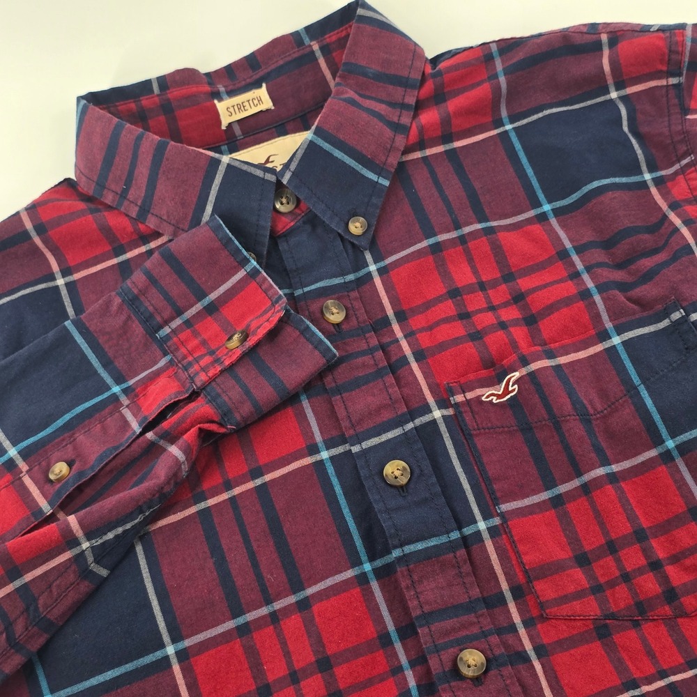 Hollister Button Down Shirt Mens XL Red Navy Blue Plaid Stretch Long Sleeve Logo